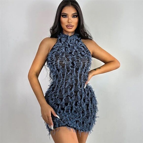 NWT Micas Mesh Weave Tassel Fringe High Neck Statement Bodycon Mini Dress M - Picture 1 of 6